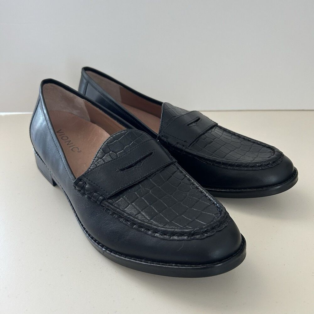 Vionic Black Croc-Textured Leather Penny Loafers